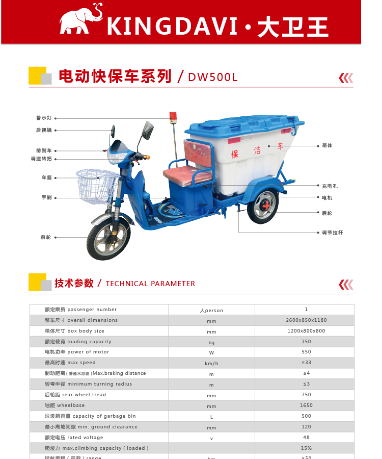 电动保洁车DW500L技术参数